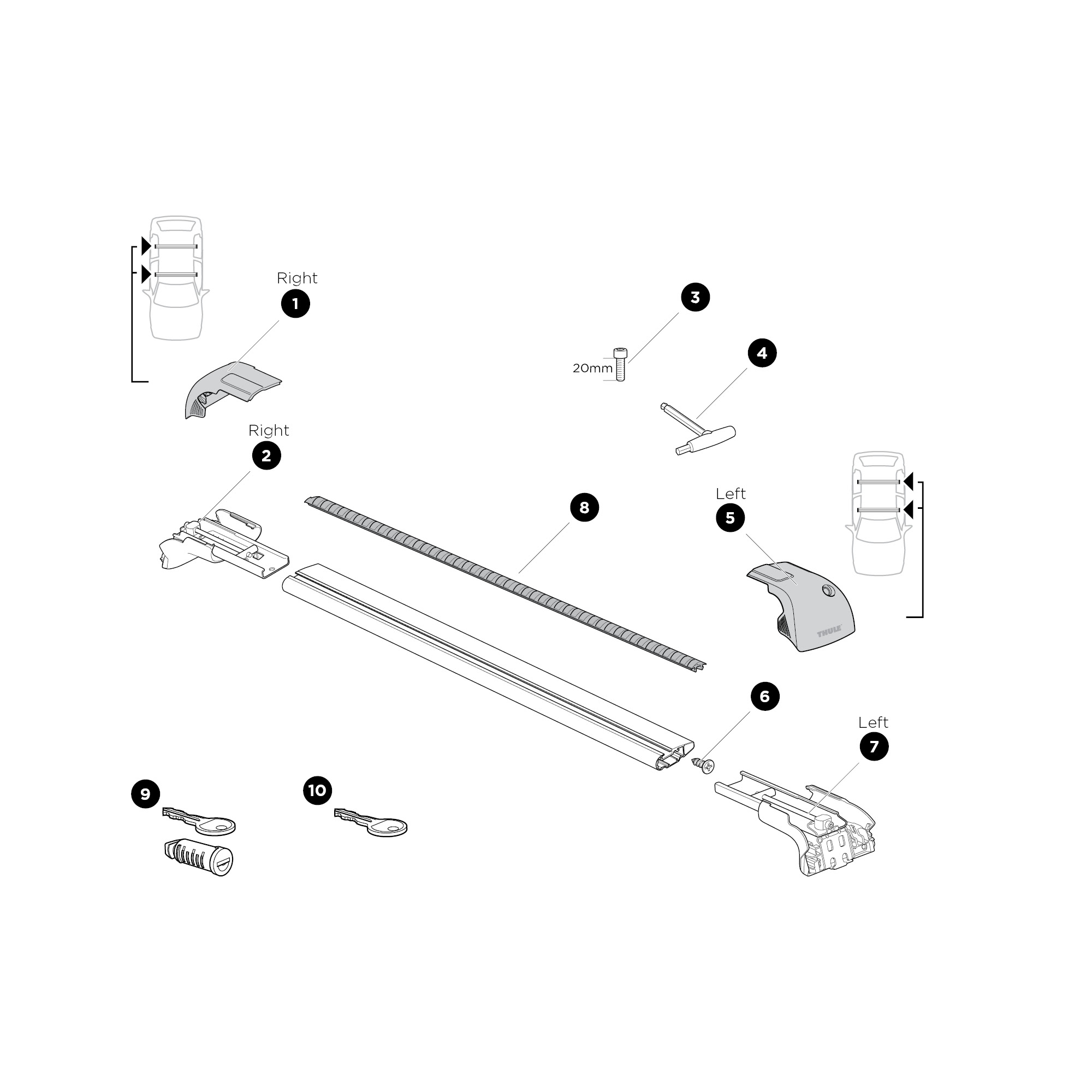 Thule WingBar Edge 9596B csomagtartó talp és rúd, fekete, fixpontos vagy integrált tetősínes, Kit nélkül bontott ábra Thule WingBar Edge 9596B csomagtartó talp és rúd, fekete, fixpontos vagy integrált tetősínes, Kit nélkül bontott ábra